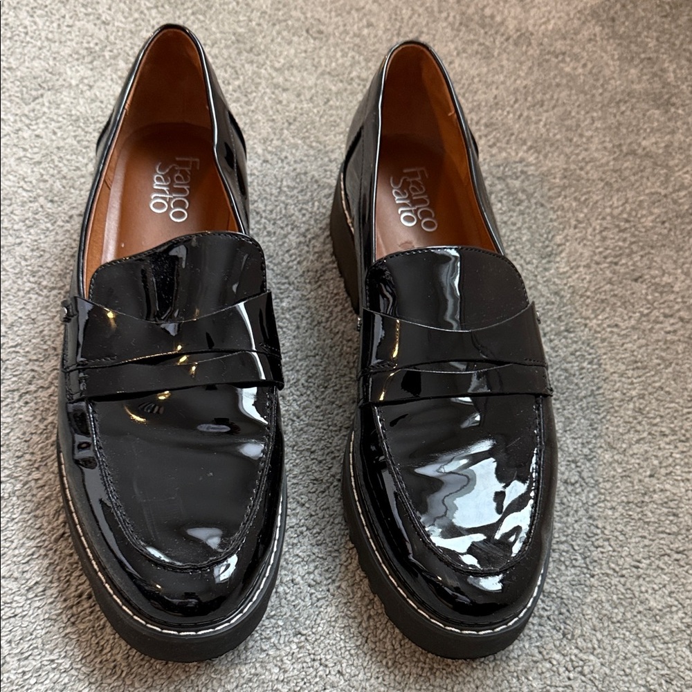 Franco Sarto Black Patent Chunky Women's Loafers, Size 9